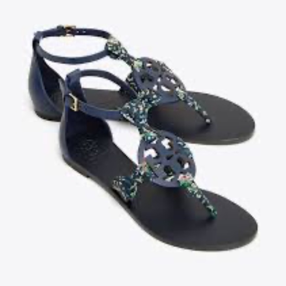 NIB TORY BURCH MILLER SCARF SANDAL, PRINTED SATIN navy -9.5